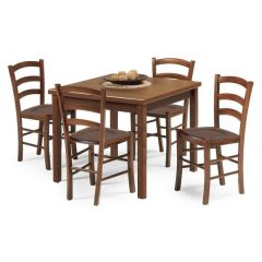 Ida Walnut Table and 4 Walnut Wooden Chair with wooden seat Set for home, restaurants, pizzerias, communities and bars